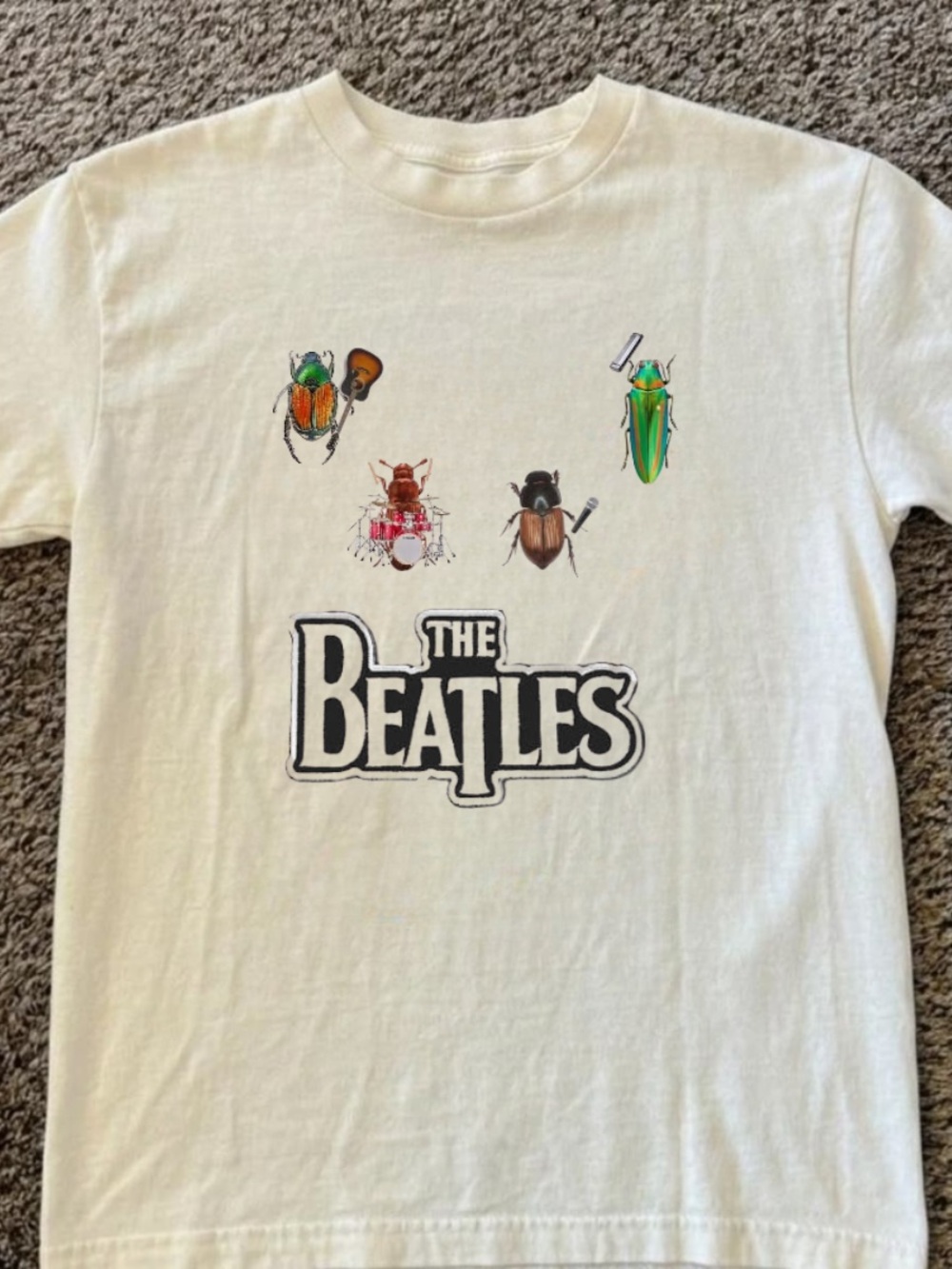 The Beatles OFF WHITE Graphic Tee with Multicolor Beetle Artwork
